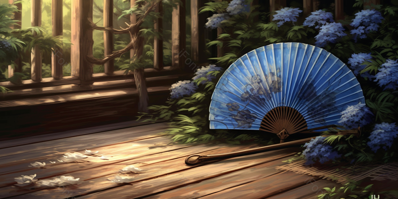 蓝色中国风唯美折扇花簇围绕手绘插画背景,插画/手绘图,插画/手绘图库,插画/手绘图下载,插画/手绘